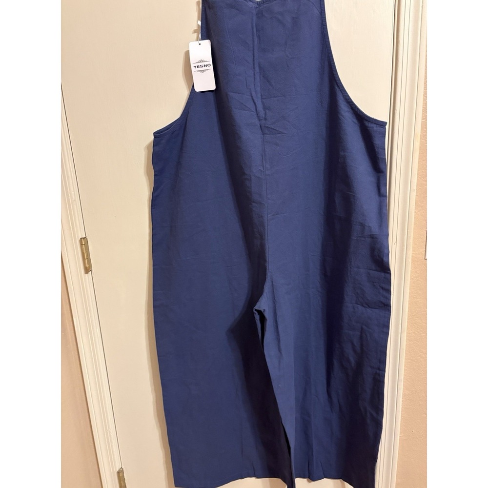 YESNO Navy Blue 2XL Plus Size Women's 100% Cotton Wide-Leg Jumpsuit Sleeveless